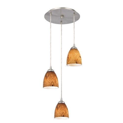 Modern Multi-Light Pendant Light with Brown Art Glass and 3-Lights