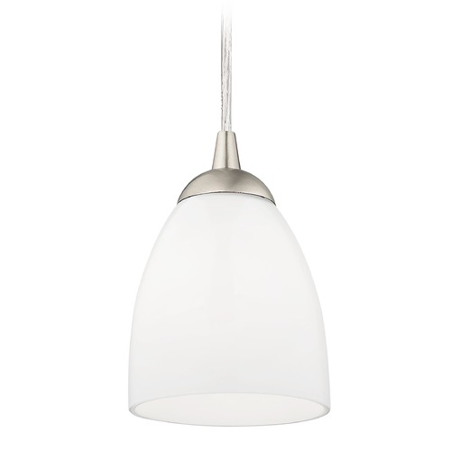 Mini-Pendant Light with Opal White Bell Glass in Satin Nickel Finish