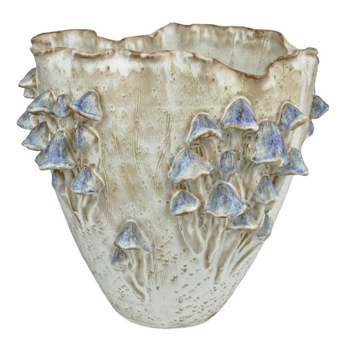 Currey and Company Black Forest Mushrooms Cream & Reactive Blue Vase