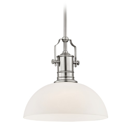 Design Classics Lighting Industrial Satin Nickel Pendant Light with White Glass 13-Inch Wide 1765-09 G1785-WH