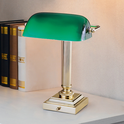 House of Troy Lighting Piano / Banker Lamp with Green Glass in Polished Brass Finish DSK428-G61