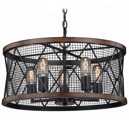 Vaxcel Lighting Bremerton Black & Burnished Teak Pendant Light with Drum Shade
