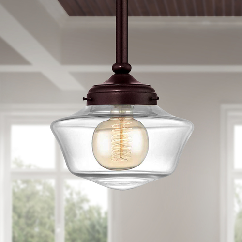 8-Inch Clear Glass Schoolhouse Mini-Pendant Light in Bronze Finish