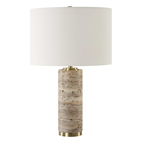 The Uttermost Company Cortado Travertine & Antique Brass Table Lamp with Drum Shade