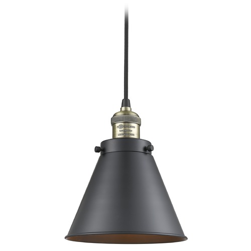 Innovations Lighting Innovations Lighting Appalachian Black Antique Brass Mini-Pendant Light with Conical Shade 201C-BAB-M13-BK