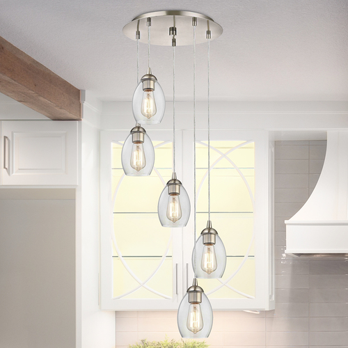 Satin Nickel Multi-Light Pendant with Clear Oblong Glass and 5-Lights