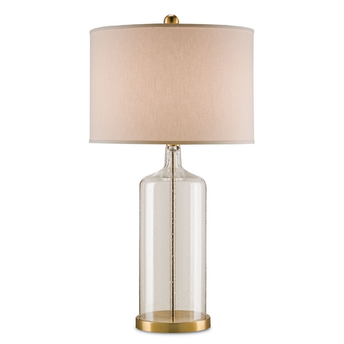 Currey and Company Lighting Clear Seedy Glass / Brass Table Lamp with Drum Shade