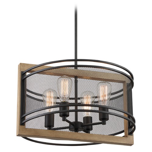 Atelier Black & Honey Wood Pendant with Drum Shade by Satco Lighting