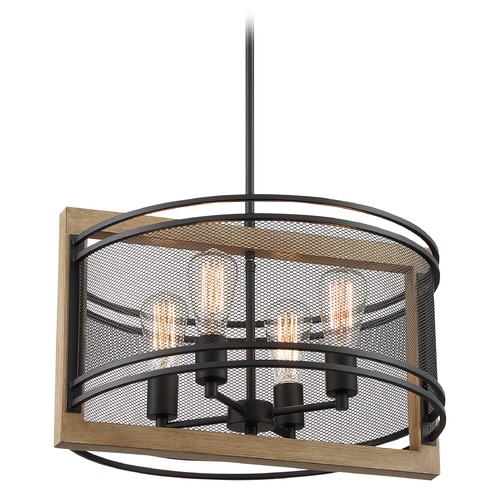 Satco Lighting Atelier Black & Honey Wood Pendant with Drum Shade by Satco Lighting 60/7264