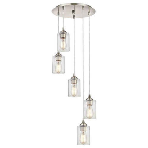 Satin Nickel Multi-Light Pendant with Clear Cylinder Glass and 5-Lights