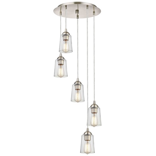Satin Nickel Multi-Light Pendant with Clear Cone Glass and 5-Lights