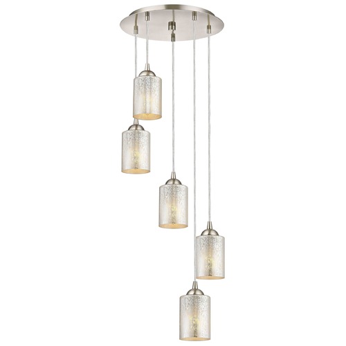 Satin Nickel Multi-Light Pendant with Mercury Cylinder Glass and 5-Lights