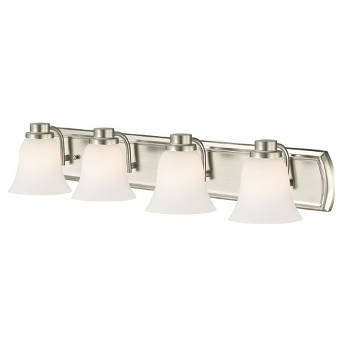 Design Classics Lighting 4-Light Bath Bar in Satin Nickel with White Bell Glass 1204-09 GL9222-WH