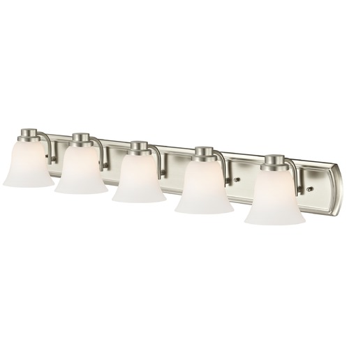 Design Classics Lighting 5-Light Bath Bar in Satin Nickel with White Bell Glass 1205-09 GL9222-WH