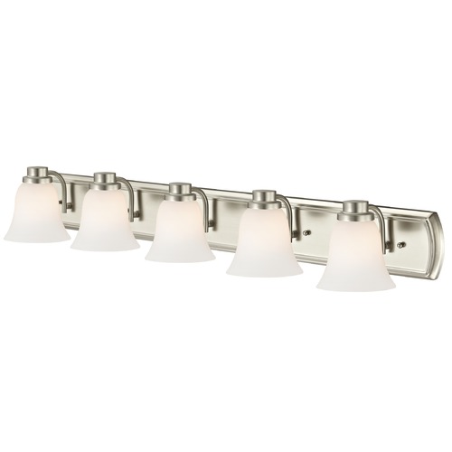 5-Light Bath Bar in Satin Nickel with White Bell Glass