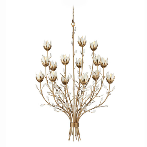Currey and Company Star Magnolia Antique Brass / White / Clear Chandelier