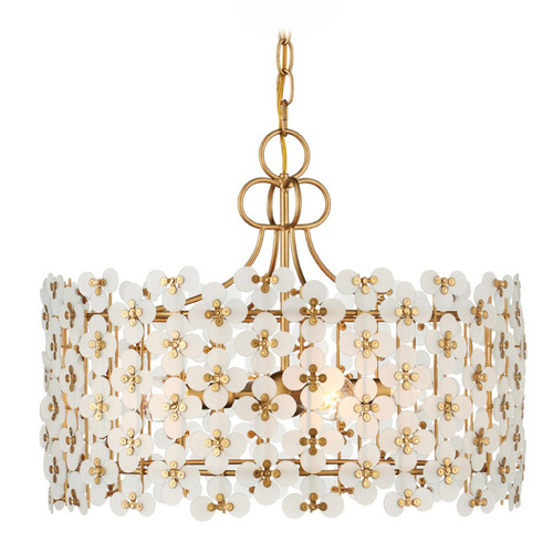 Currey and Company Spring Flower Frosted / Brass Pendant Light with Drum Shade