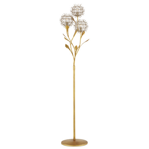 Currey and Company Dandelion Silver Leaf / Silver / Gold Leaf Floor Lamp with Globe Shade