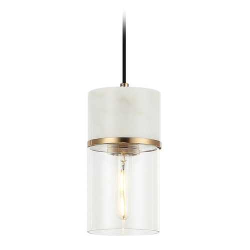 Matteo Lighting Marmor Aged Gold Brass & White Marble LED Mini-Pendant Light with Cylindrical Shade