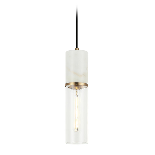 Matteo Lighting Marmor Aged Gold Brass & White Marble LED Mini-Pendant Light with Cylindrical Shade