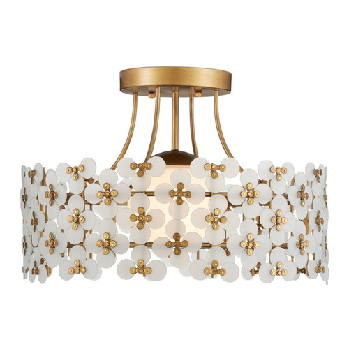 Currey and Company Spring Flower Frosted / Glossy White / Brass Semi-Flushmount Light