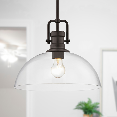 Industrial Bronze Pendant Light with Clear Glass 13-Inch Wide