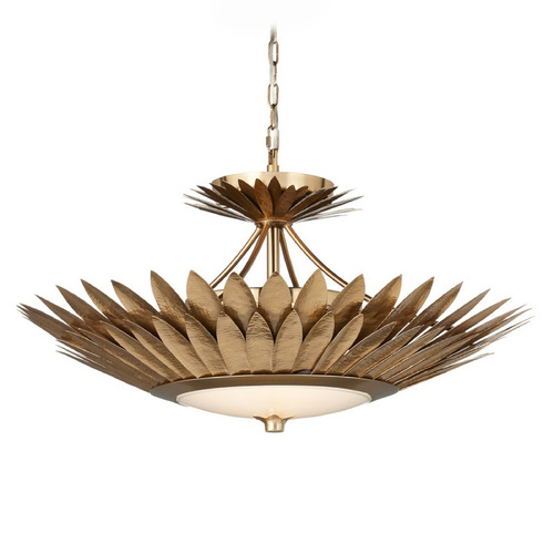 Currey and Company Plumage Antique Brass / White LED Pendant Light with Bowl / Dome Shade