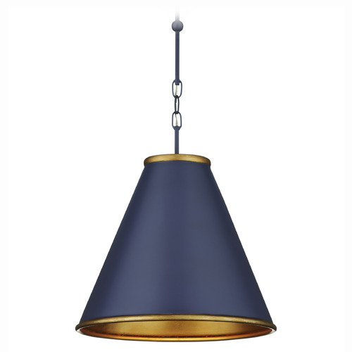 Currey and Company Lighting Currey and Company Pierrepont Hiroshi Dark Blue & Gold Leaf & Gold Pendant Light with Conical Shade 9000-1102