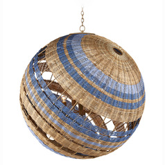 Currey and Company Senjyo Natural Rattan & Cornflower Blue & Khaki Pendant Light with Globe Shade