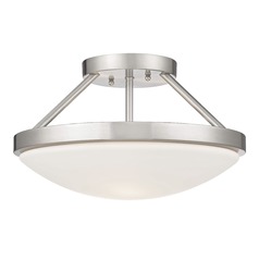 Hye 15-Inch Semi-Flush Mount in Satin Nickel with White Glass