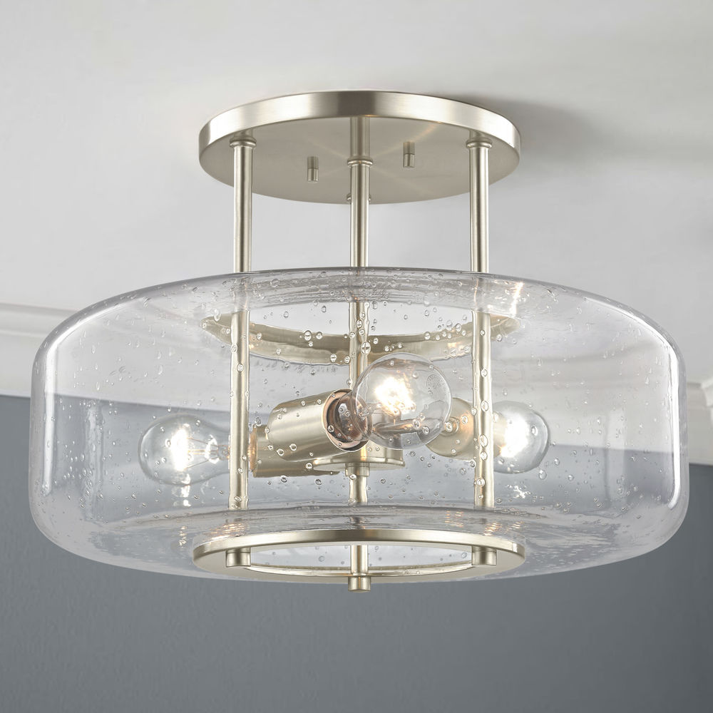 Satin Nickel with Etched White Glass 3 Light Indoor Semi Flush 