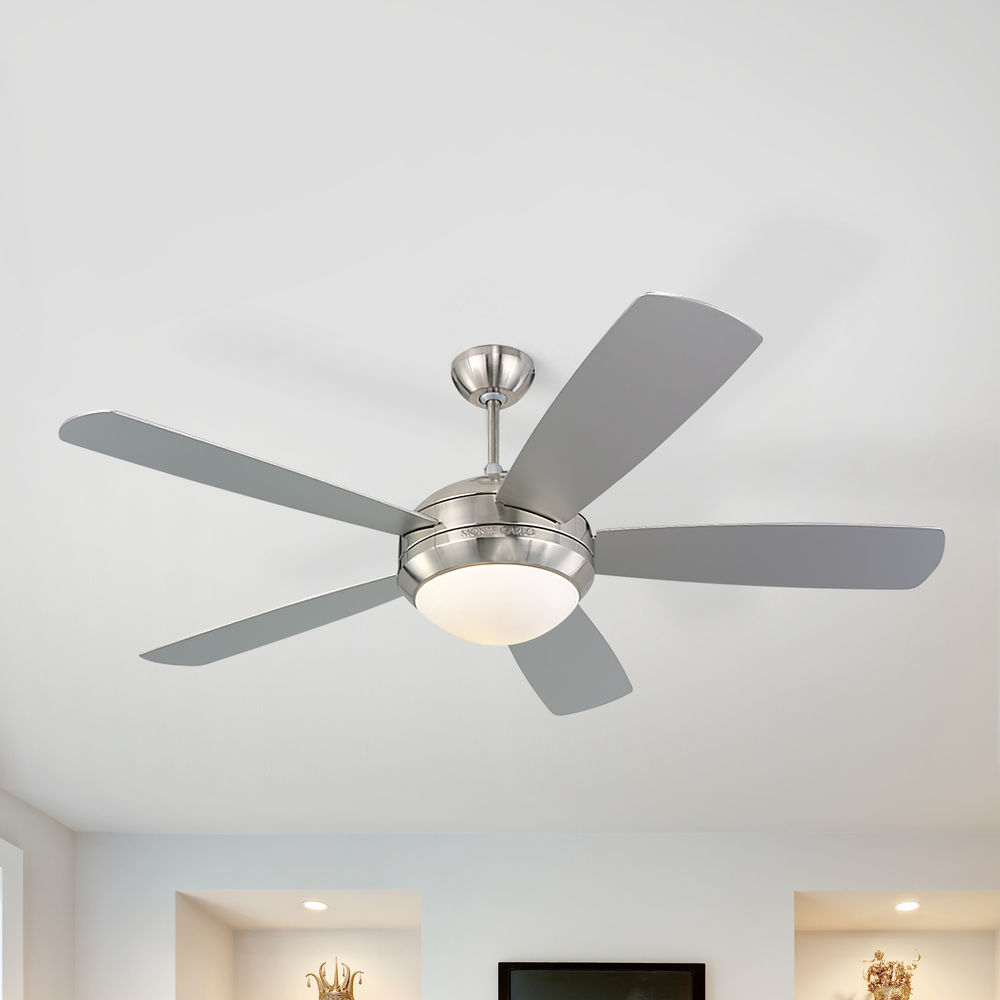 Modern Ceiling Fan With Light With White Glass In Brushed Steel Matte Opal Finish At Destination Lighting