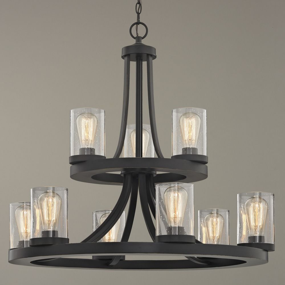 Industrial Seeded Glass Chandelier in Bronze 9-Lt 2-Tier ...
