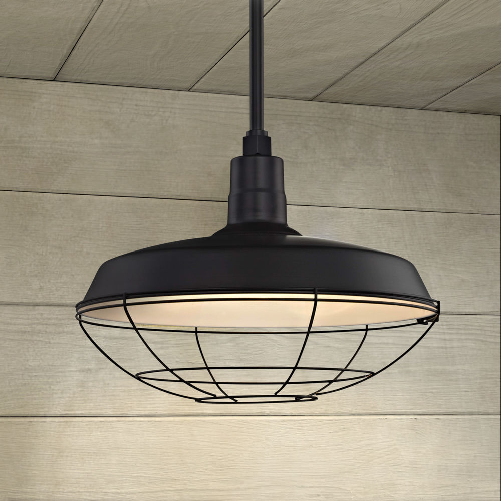 Black Pendant Barn Light with 18-Inch Caged Shade at Destination Lighting