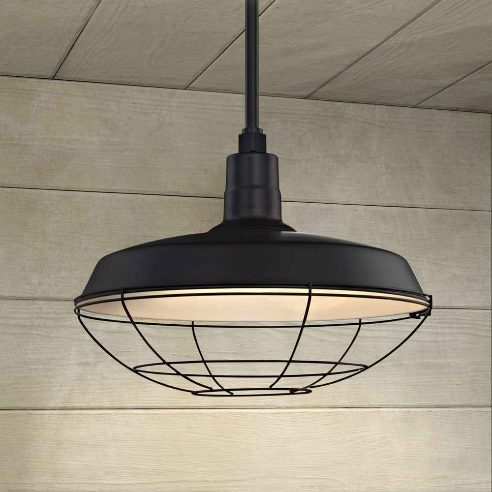 Black Pendant Barn Light With 18 Inch Caged Shade Bl Stm Blk Bl