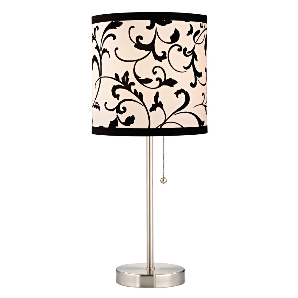 Pull Chain Table Lamp With Black White Filigree Drum Shade 1900 Image