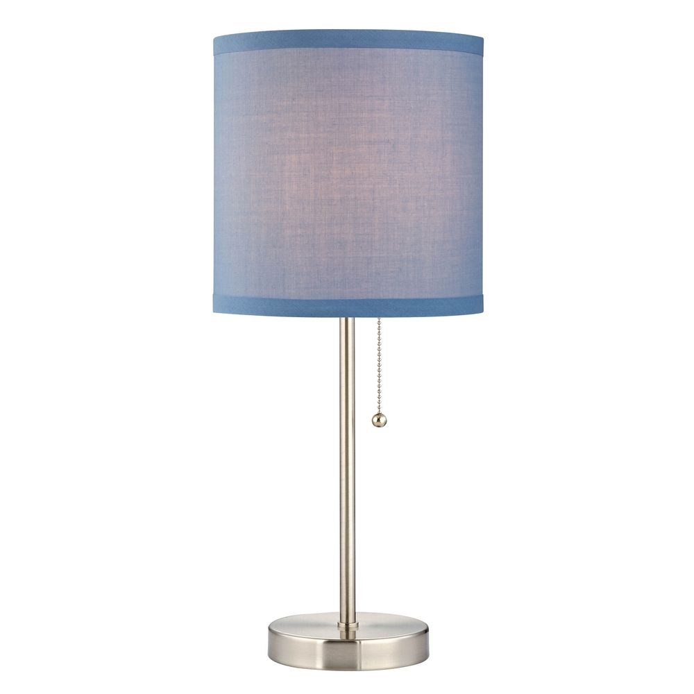 Satin Nickel Table Lamp With Blue Linen Drum Shade 1900 09 Sh9526 Image