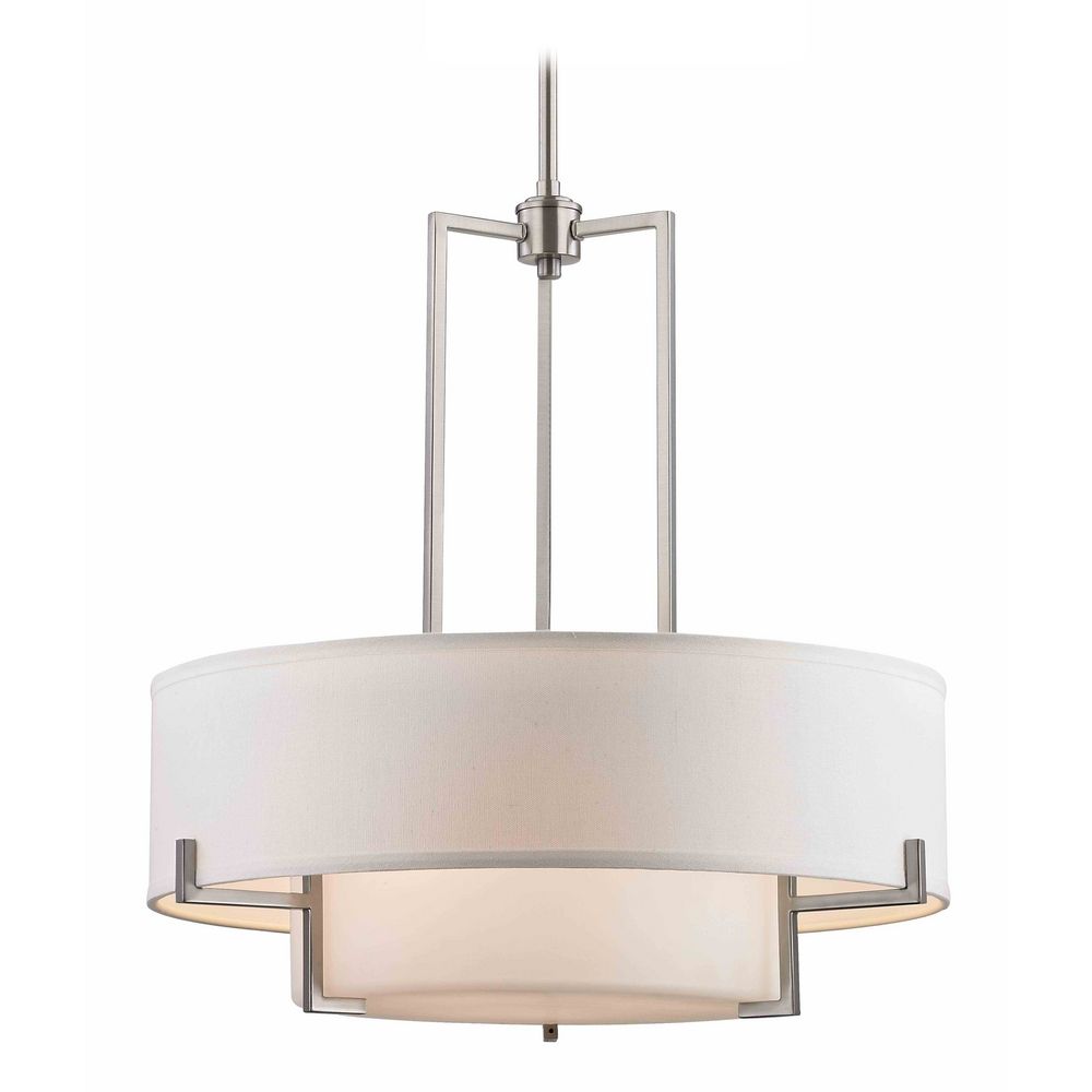 Modern Drum Pendant Light With White Gl In Satin Nickel Finish Modern Drum Pendant Light With White Gl In Satin Nickel Finish