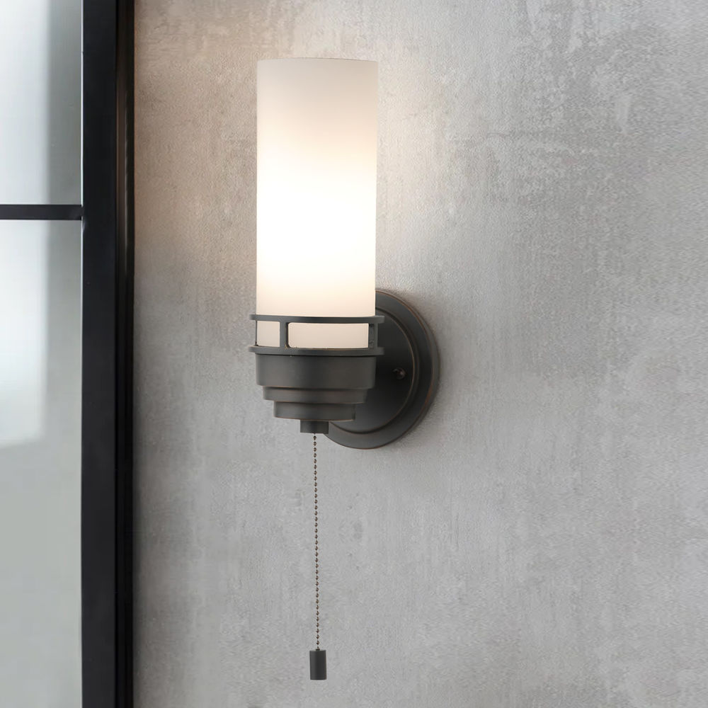 Design Classics Lighting Contemporary Single Light Sconce with Pull Chain Switch and Glass Shade - Bronze Finish 203-78