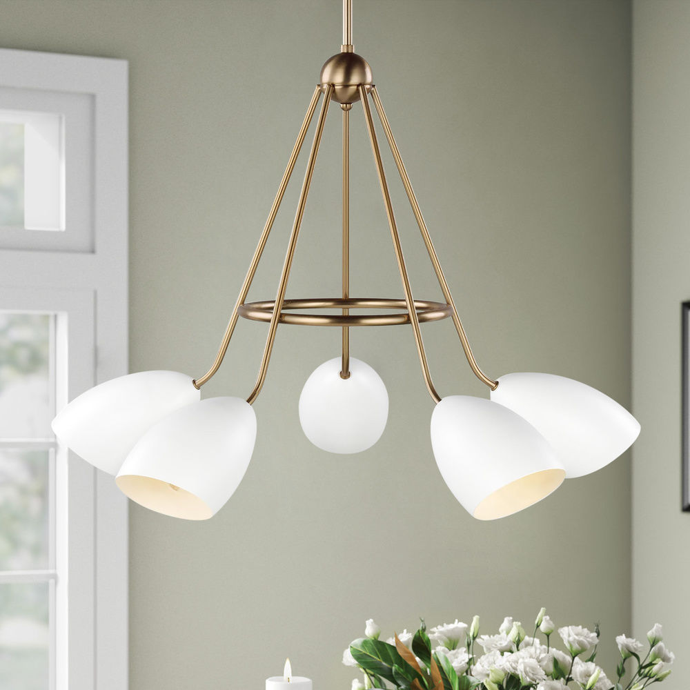 Summer 5 Light Modern Matte White Satin Brass Chandelier by Visual Comfort Studio at Destination Lighting