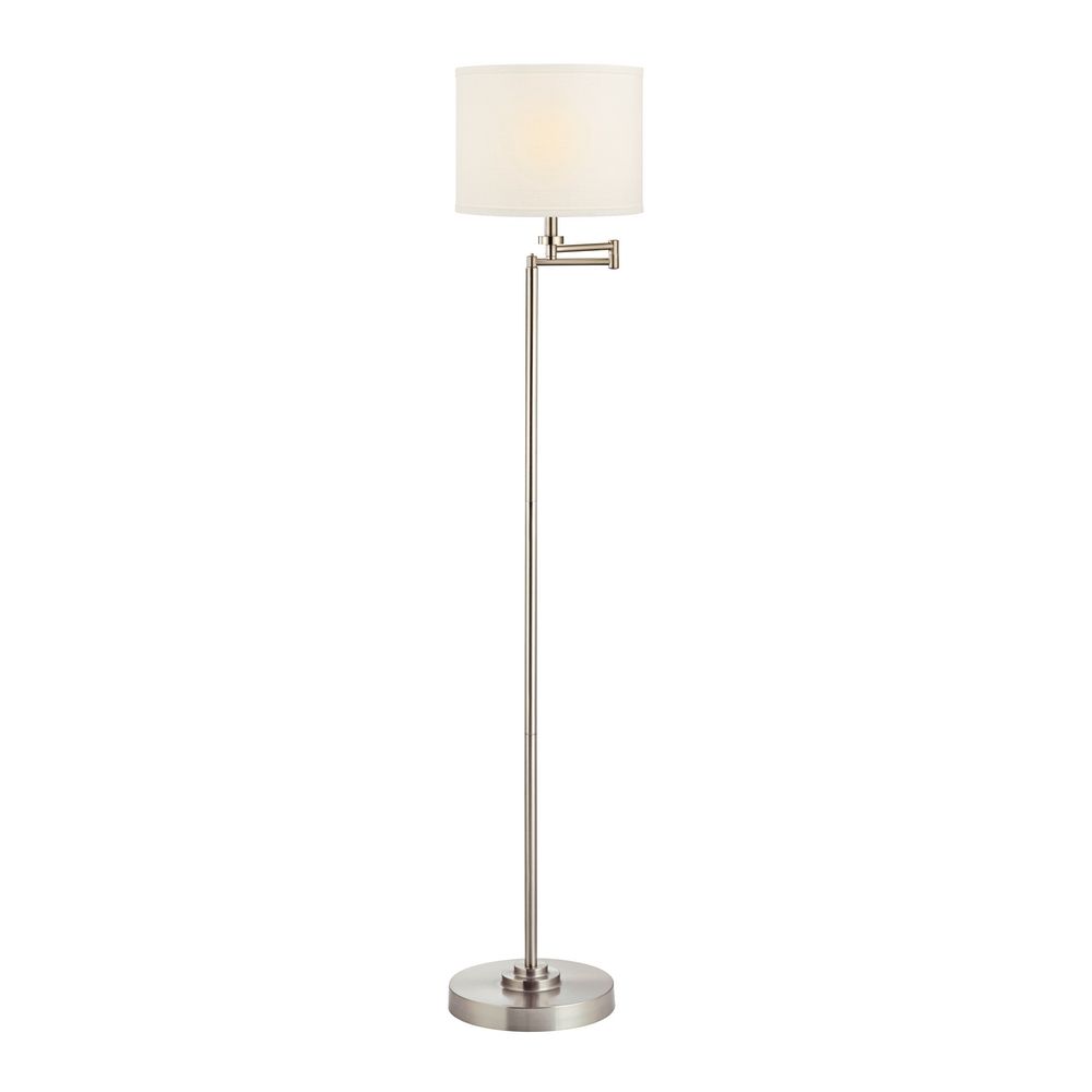 Swing Arm Floor Lamp With White Linen Drum Shade 1901 09 White Linen Drum Lamp Shade 1901 09 Shown In Satin Nickel Finish Image