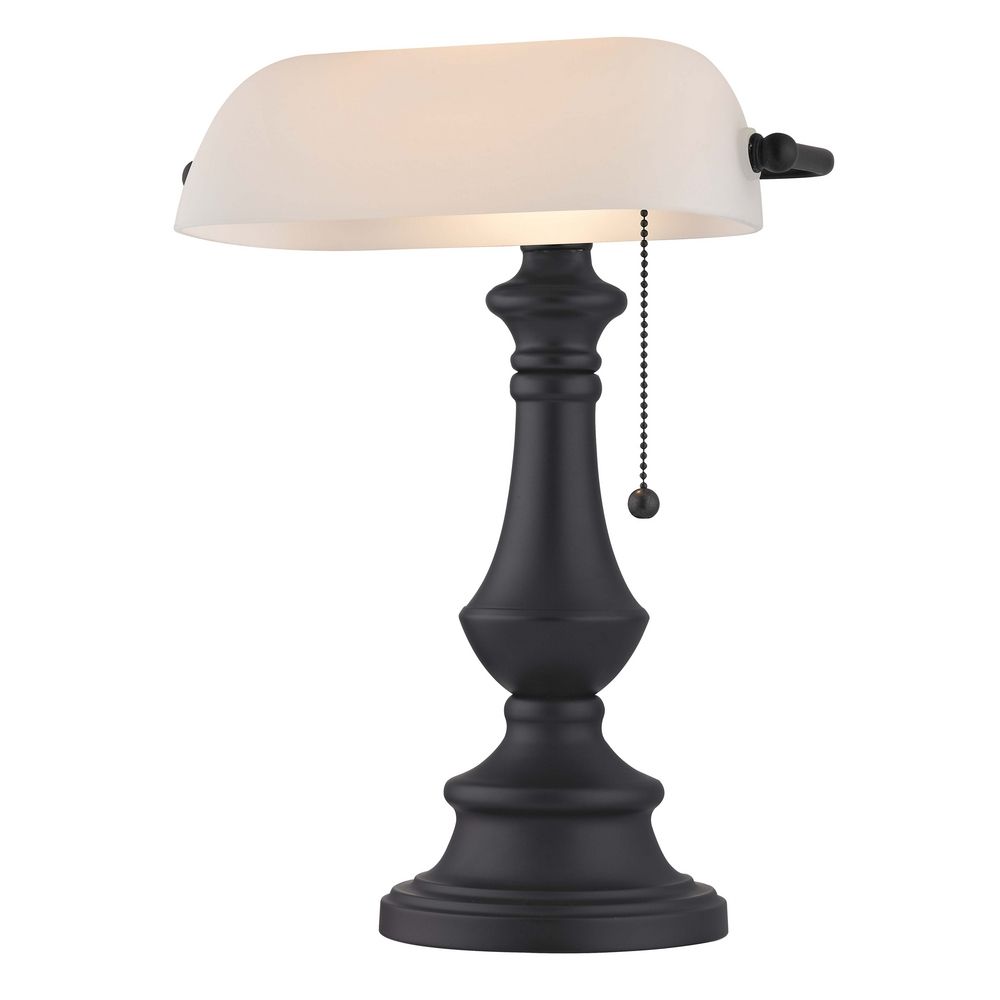 Traditional Bronze Bankers Lamp With Pull Chain And White Opal Glass Image