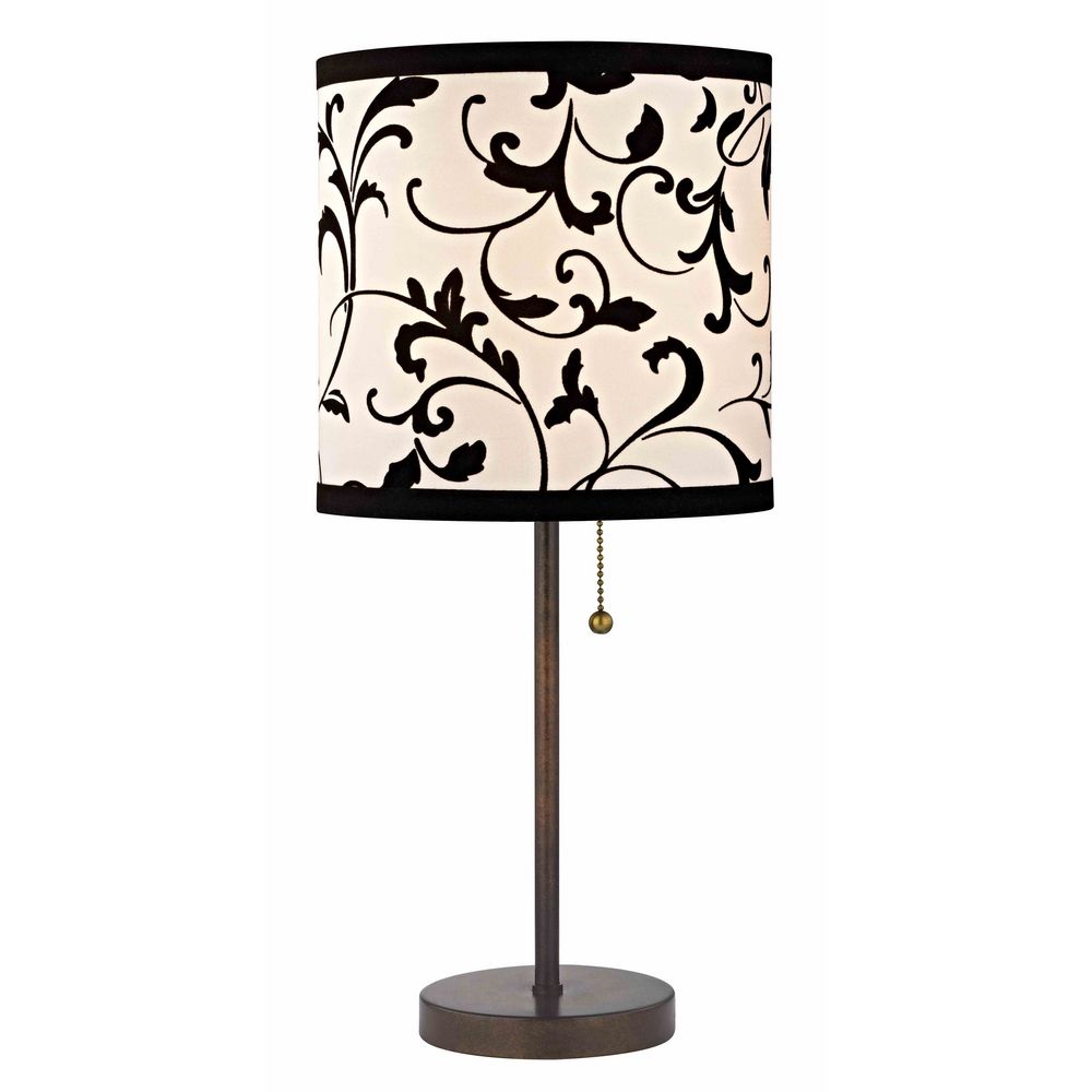 Bronze Pull Chain Table Lamp With Black White Filigree Drum Shade Image