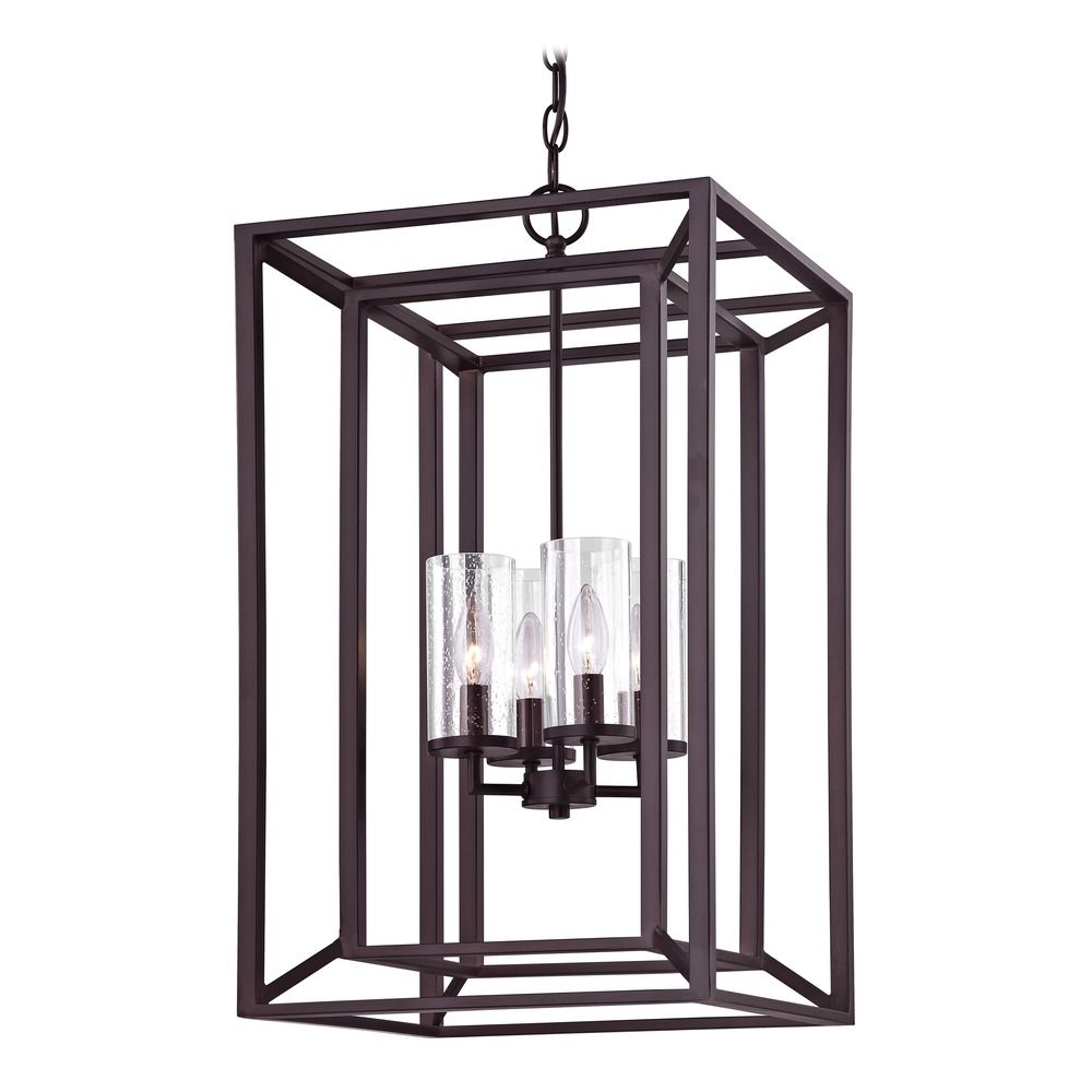 Seeded Glass Chandelier With Rectangle Cage Frame Bronze 4 Lt 1746 Image