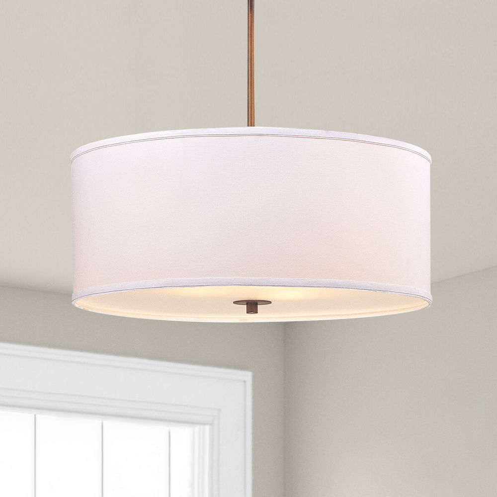 Large Bronze Drum Pendant Light With White Shade