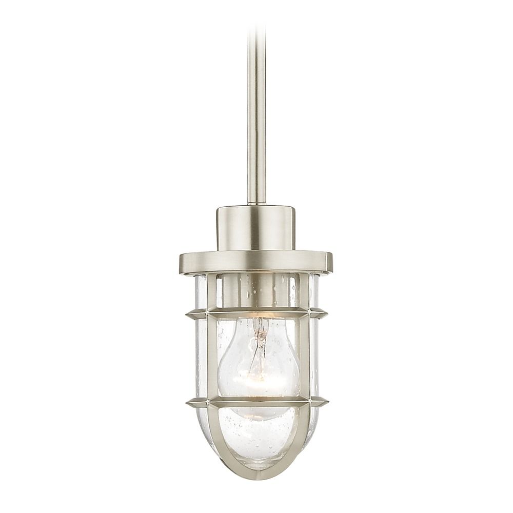 Seeded Glass Mini Pendant Light With Satin Nickel Cage At Destination Lighting