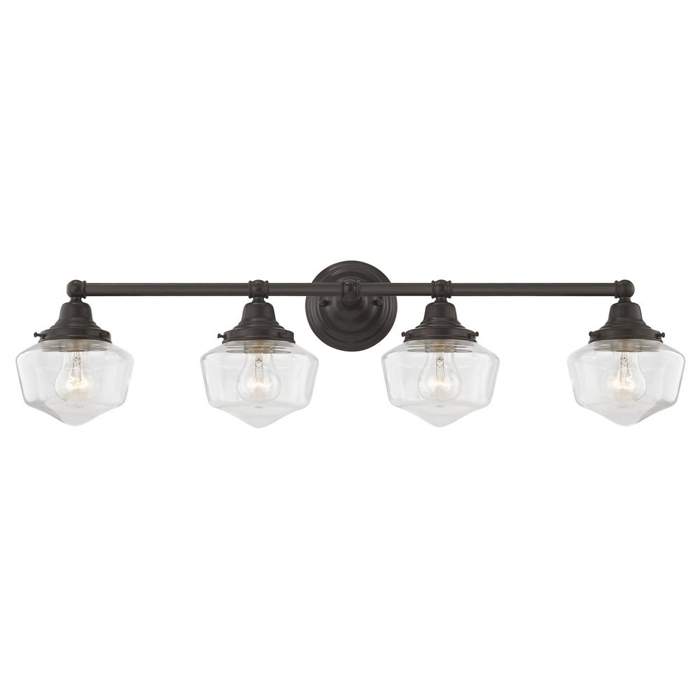 Clear Glass Schoolhouse Bathroom Light Bronze 4 Light 31.625 Inch