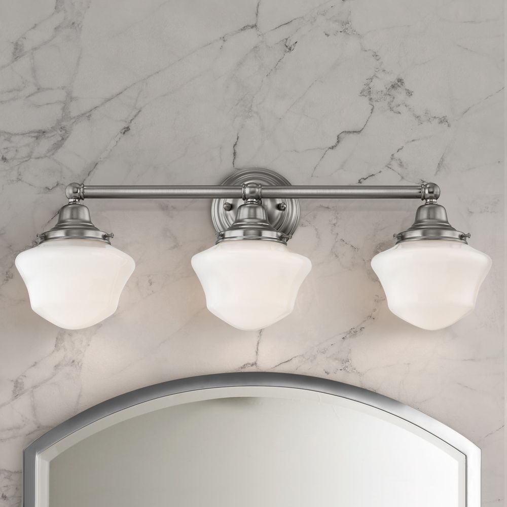 fred status Excel Schoolhouse Bathroom Light Satin Nickel White Opal Glass 3 Light 23.125  Inch Length | WC3-09 / GC6 | Destination Lighting